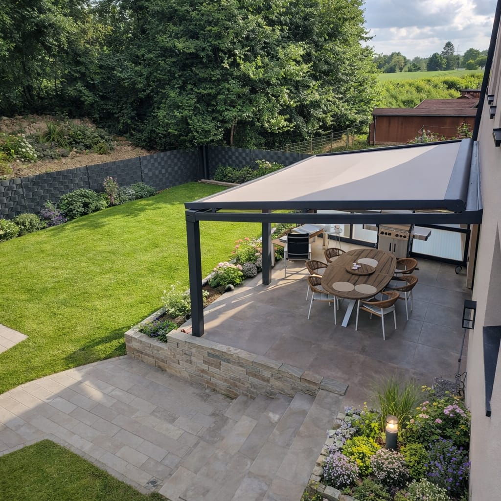 Freistehende Terrassenüberdachung aus Aluminium mit Glasdach im Garten