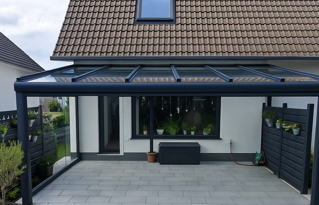 Terrassenüberdachung aus Aluminium mit Glasdach an der Hauswand in Anthrazit