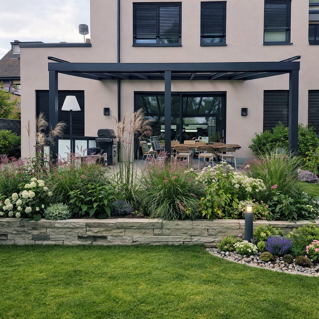 Terrassenüberdachung aus Aluminium mit Glasdach an einer Hauswand