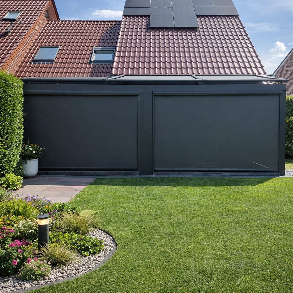 Terrassenüberdachung mit geschlossenen Senkrechtmarkisen als Sichtschutz