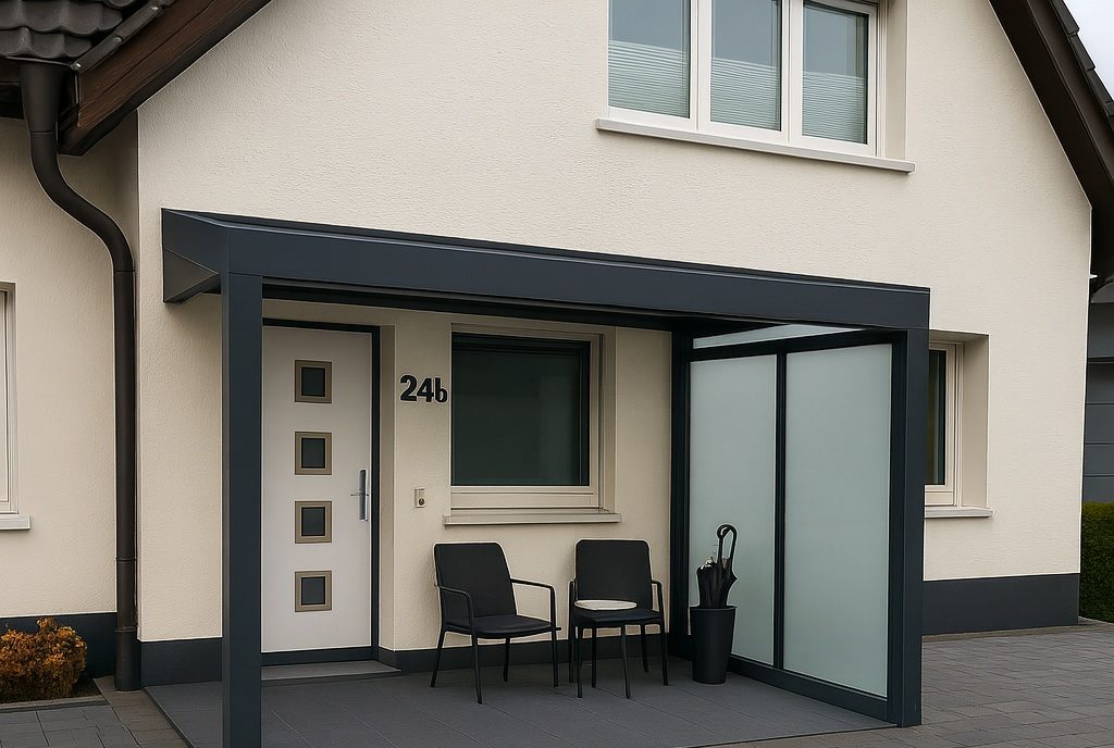 Vordach aus Aluminium mit seitlichen Glas-Festelementen über einer Haustür